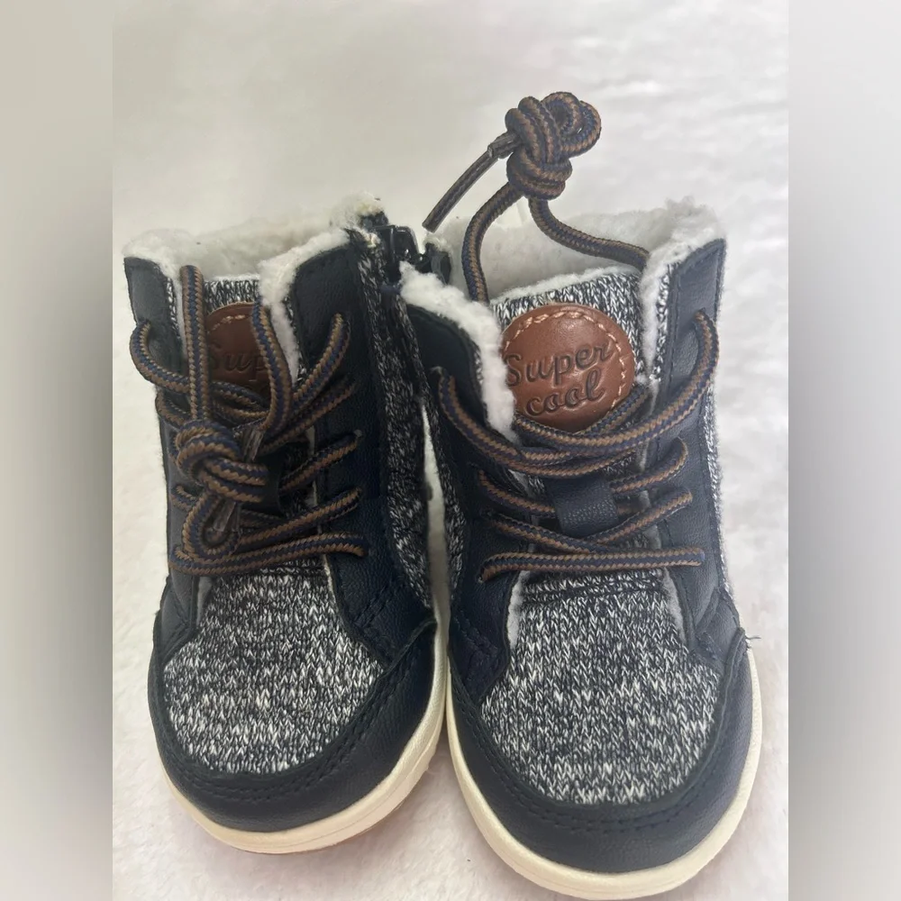 H&M Toddler Kids 2.5-3.5 Navy Blue/Brown Boots white faux fur inside side zipper